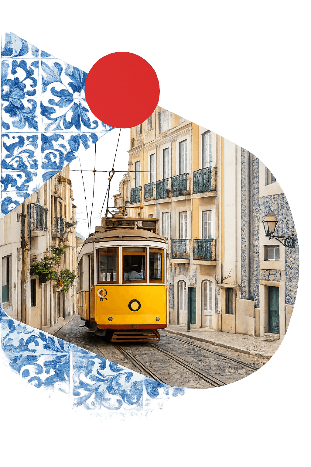 Tramway jaune dans les rues de Lisbonne avec décor d'azulejos